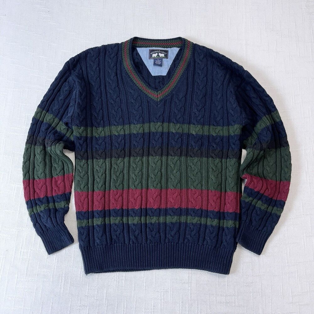Men's Navy and Green Cable Knit Sweater